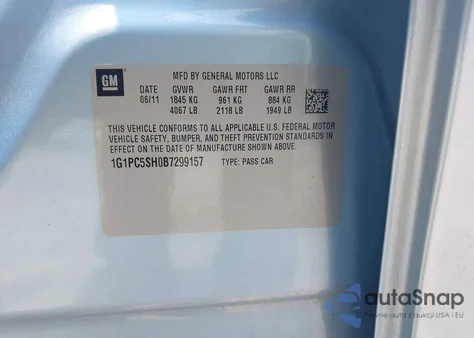 2011 Chevrolet Cruze Ls из США, поврежденный, VIN 1G1PC5SH0B7299157